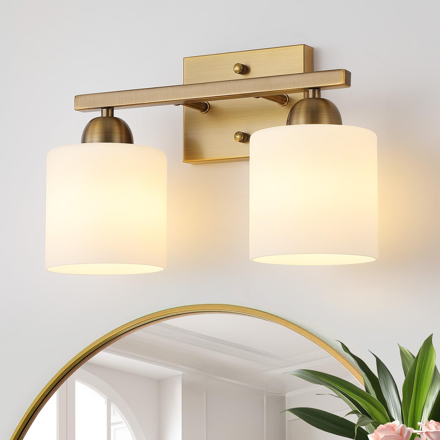 Photo 1 of ******* factory sealed ********Mecgirn Milk Glass Vanity Lights for Bathroom, 2 Light Brass Bathroom Light Fixtures Over Mirror, Ceramic E26 Sockets Wall Mounted