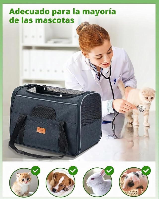 Transportín Perro Gato, Bolsa de Transporte Transpirable para Mascotas, Portador de Viaje con Correa de Hombro Ajustable, Transporte de Gato con Colchón Suave + Tazón Plegable 45,7L x 31,8W x 35,6H cm