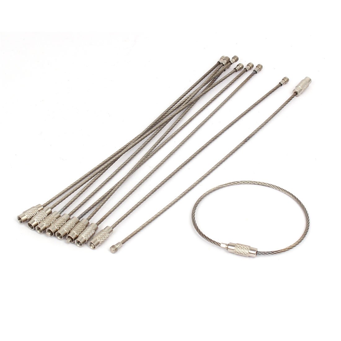Sourcingmap 1.5mmx150mm Stainless Steel Wire Rope Key Rings Luggage Tag Loops Buckles 10pcs