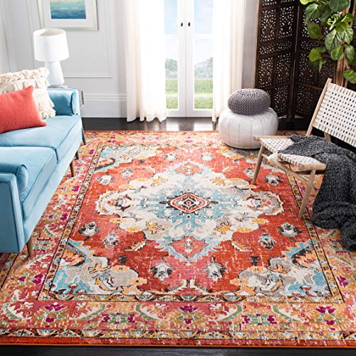 Safavieh Monaco Collection MNC243H Bohemian Chic Medallion Distressed Area Rug, 9' x 12', Orange/Light Blue
