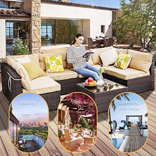 Outdoor Patio Furniture Sets,7 Pieces Rattan Patio Sofa, Manual Weaving Wicker Patio Conversation Sectional Sets with Cushions and Tea Table