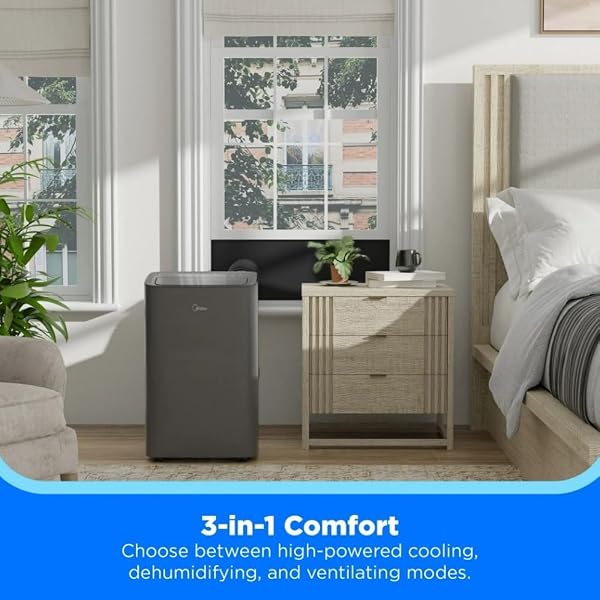MIDEA 8,000 BTU SMART PORTABLE AIR CONDITIONER WITH REMOTE GREY, 3-IN-1 COMFORT: COOLS, VENTILATES, & DEHUMIDIFIES, VOICE CONTROL W/ALEXA, GOOGLE ASSISTANT, & SIRI – MAP08S1XWGR-T