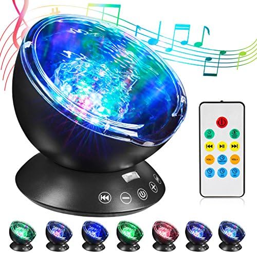 HogarTech Remote Control Ocean Wave Projector 12 LED Night Light with Built-in Mini Music Player &amp; 7 Colors Night Lamp for Bedroom Living Room Parties (Black)