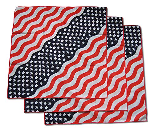 American Flag Stars & Stripes Patriotic Bandana Headband Set includes Three Large Squares in Classic Red, White, Blue US Design (3 Pieces)