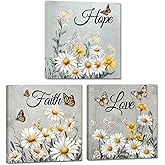 ZSHDEYMTOP 3 Pieces Butterfly Wall Art Bathroom Canvas Prints Butterfly and White Daisy Pictures Daisy Floral Painting Inspirational Quotes Poster Bedroom Decor (Yellow, (12.00" x 12.00" x 3PCS))