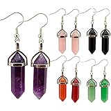 5 Paris - Womens Wire Wrapped Real Healing Amethyst Quartz Crystal Earrings Eardrop, Hexagonal Pointed