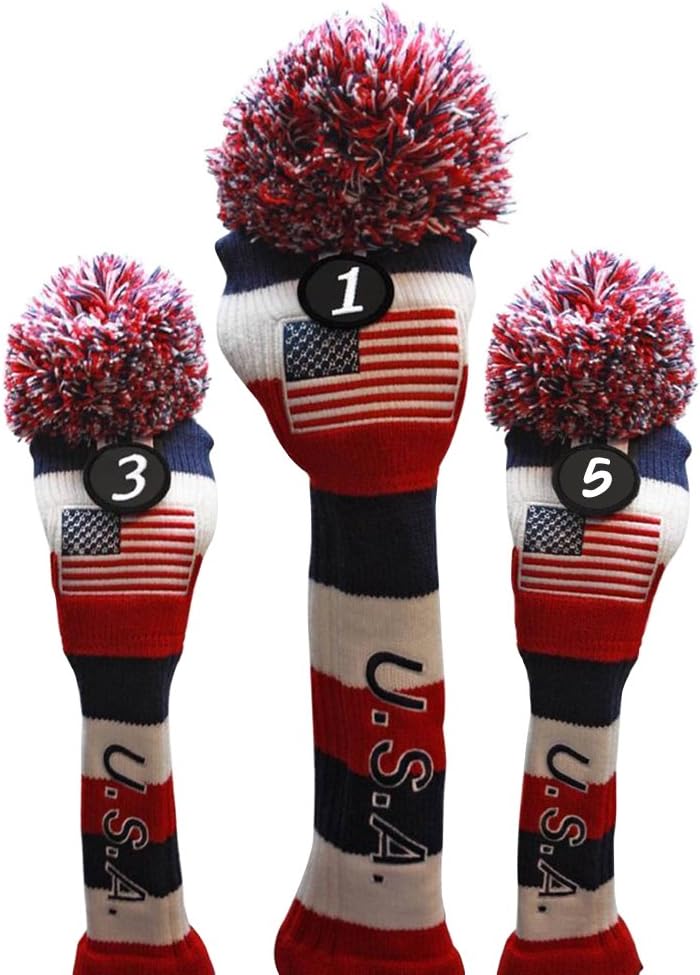 USA Majek Golf Driver 1 3 5 Fairway Woods Headcovers Pom Pom Knit Limited Edition Vintage Classic Traditional Flag Stars Red White Blue Stripes Retro Head Cover Fits 460cc Driver and 260cc Metal Woods