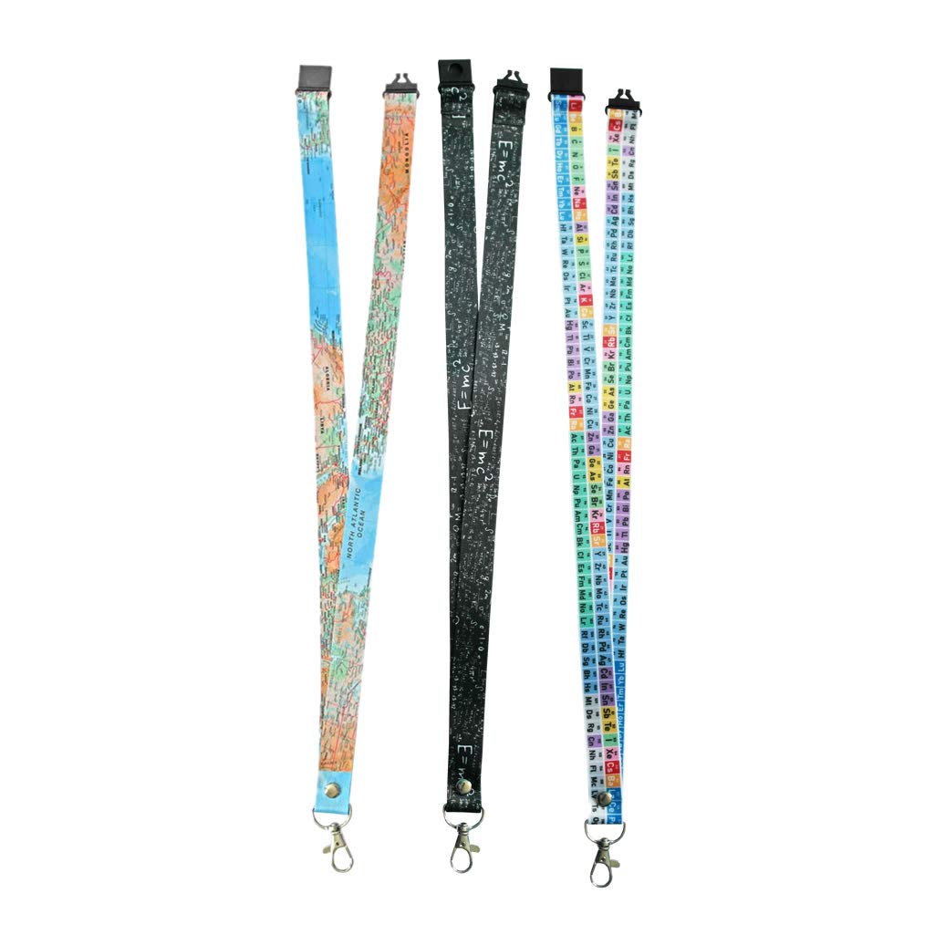 PAPER PLANE LONDON Set of 3 Teacher Lanyard - neck strap, ID HOLDER Safety Breakaway clip WORLD MAP E=MC2 PERIODIC TABLE