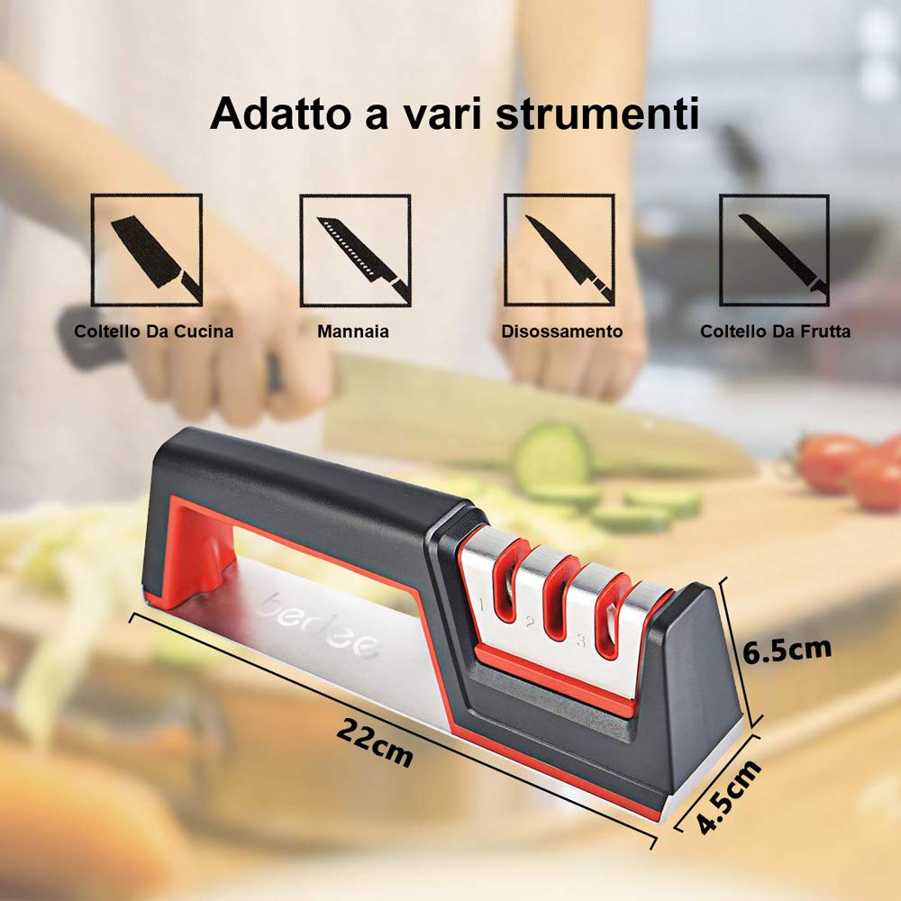 bedee Affilacoltelli Manuali, Affilacoltelli, Strumento per Affilare i coltelli Manuale a 3 stadi, Base Antiscivolo, Facile da Controllare
