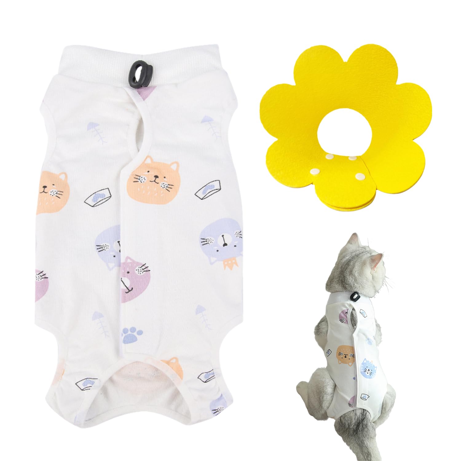 XMNIVATE Cat Recovery Set: Cat Onesies, Anti-Licking Collar, Yellow, Cotton, Adjustable, Prevent Licking