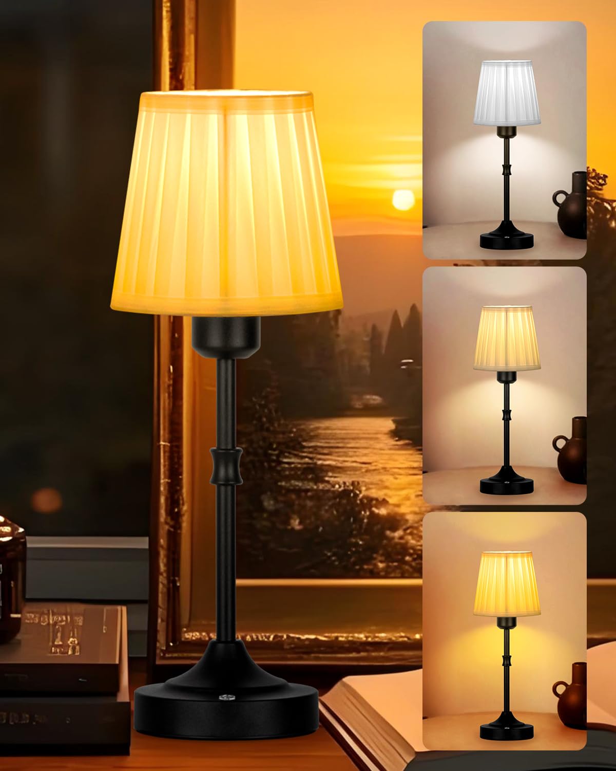 Photo 1 of Yiliaw Cordless Table Lamp for Bedroom Portable LED Desk Lamp, 4200mAh Battery Operated, Stepless Dimmable Touch Lampfor Restaurant Bedroom Bars Outdoor Party, LED Bulb Included, Pleated Shade, Black