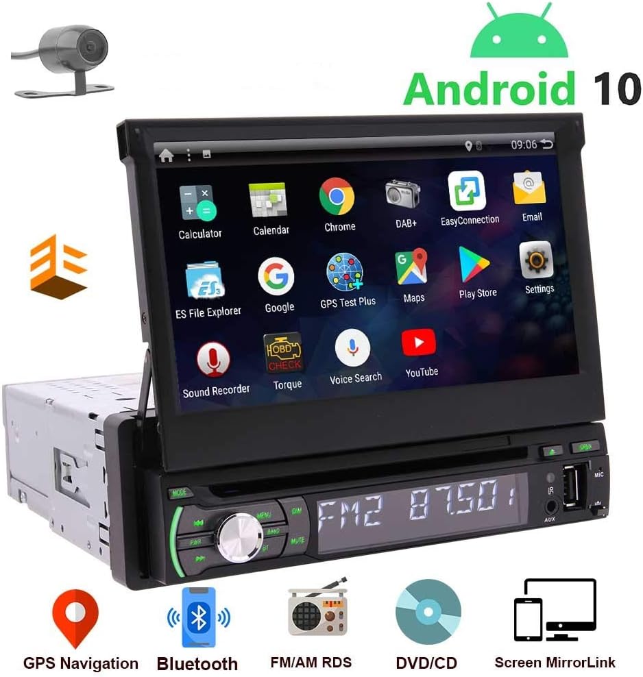 1 Din Navigation Car Stereo Android 10 Single Din Radio Bluetooth 7" Touch Screen Car CD DVD Player Indash Headunit GPS Detachable FM/AM RDS Radio Receiver Free Backup Camera Support Mirrorlink ODB2