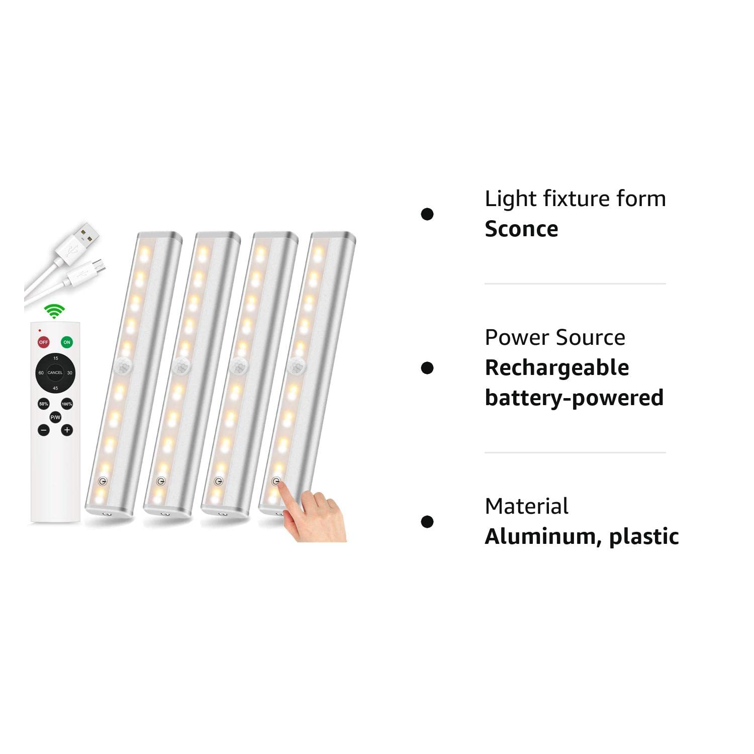 SZOKLED 20LED Under Cabinet Lighting Remote Control, Wireless Closet Lights Rechargeable Under Counter Lights for Kitchen, Hallway, Display, Multiple Colors (4 Pack)