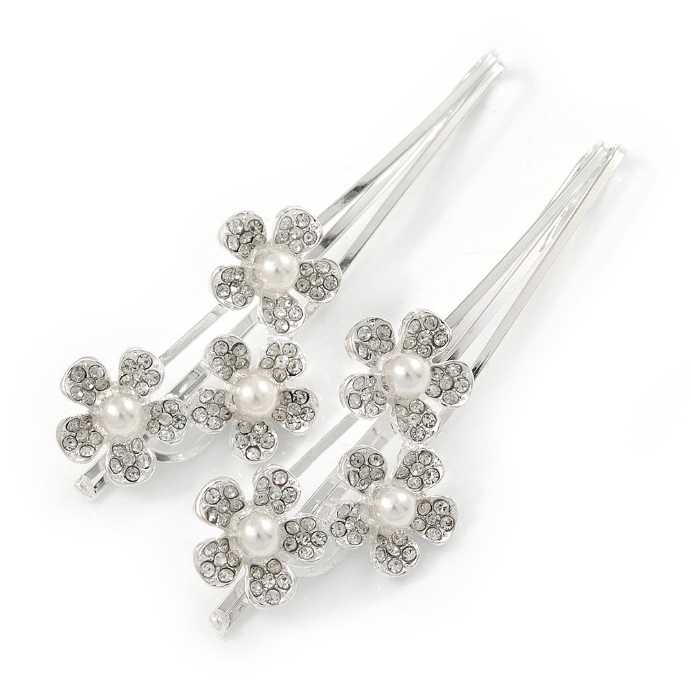 2 Bridal/Prom Clear Crystal, Pearl Flower Hair Grips/Slides In Rhodium Plating - 65mm Across