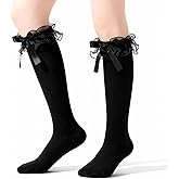 LXUEJIE 1 Pair Black Thigh High Socks for Women Girls, Thigh High Socks with Bow Soft Cotton Over the Knee Sock for Daily Wear