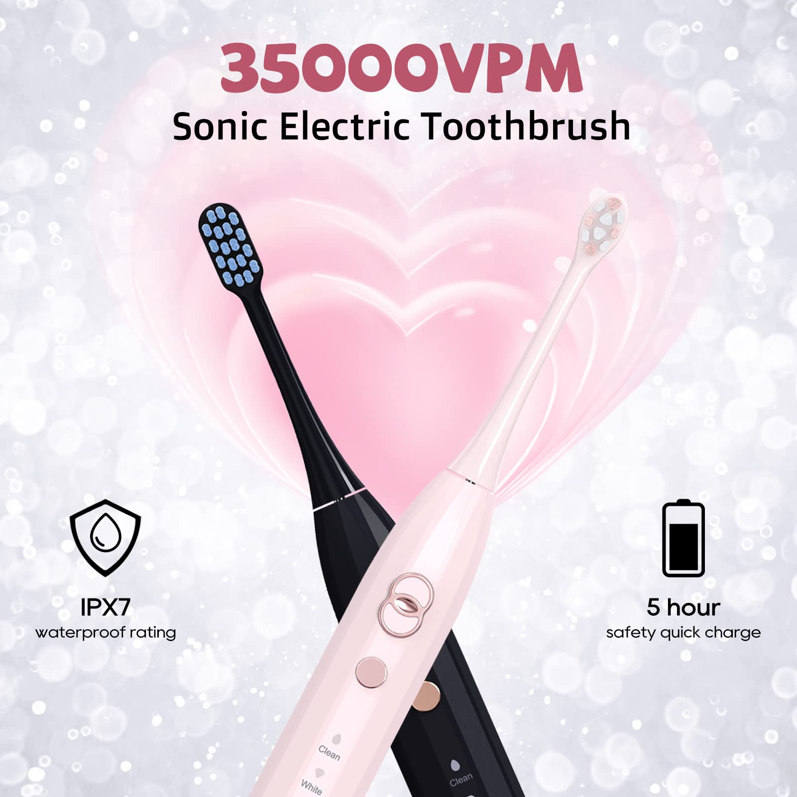 PERECT Sonic Electric Toothbrush for Adults, Electric Toothbrush with 8 Replacement Brush Heads, Black&Pink