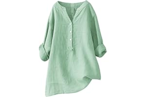 ERTUPE Womens Summer Shirts Cotton Linen Loose Fit Short Sleeve V Neck Lapel Buttons Lightweight Tops Tees S-5XL Green