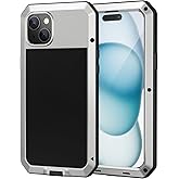 Lanhiem for iPhone 15 Metal Case, Heavy Duty Shockproof Tough Rugged Case with Built-in Glass Screen Protector, 360 Full Body DustProof Protective Cover for iPhone 15 6.1", Silver
