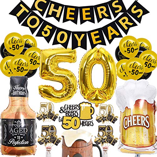 50th Birthday Decorations Kit - Cheers To 50 Years Banner, Cake Topper & Garland (Black Gold Glitter) - View #9