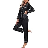 Women's Satin Pajamas Set 2 Piece Pj Set Sleepwear Notch Collar Long Sleeve T-Shirt Button-Down Loungewear with Long Pants
