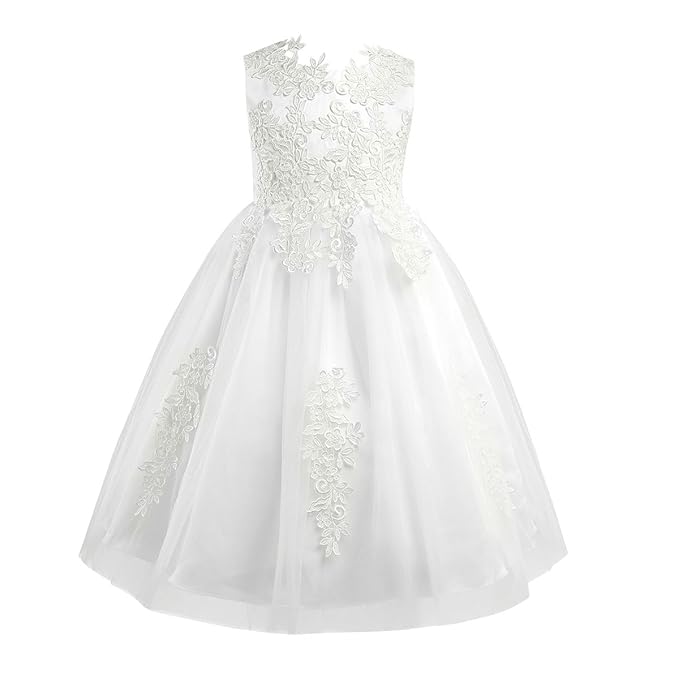 CHICTRY Mädchen Festlich Kleid Hochzeits Festzug Kleid Prinzessin Blumenmädchenkleid Tüll Kleidung Weiß Kommunionkleid Gr. 98