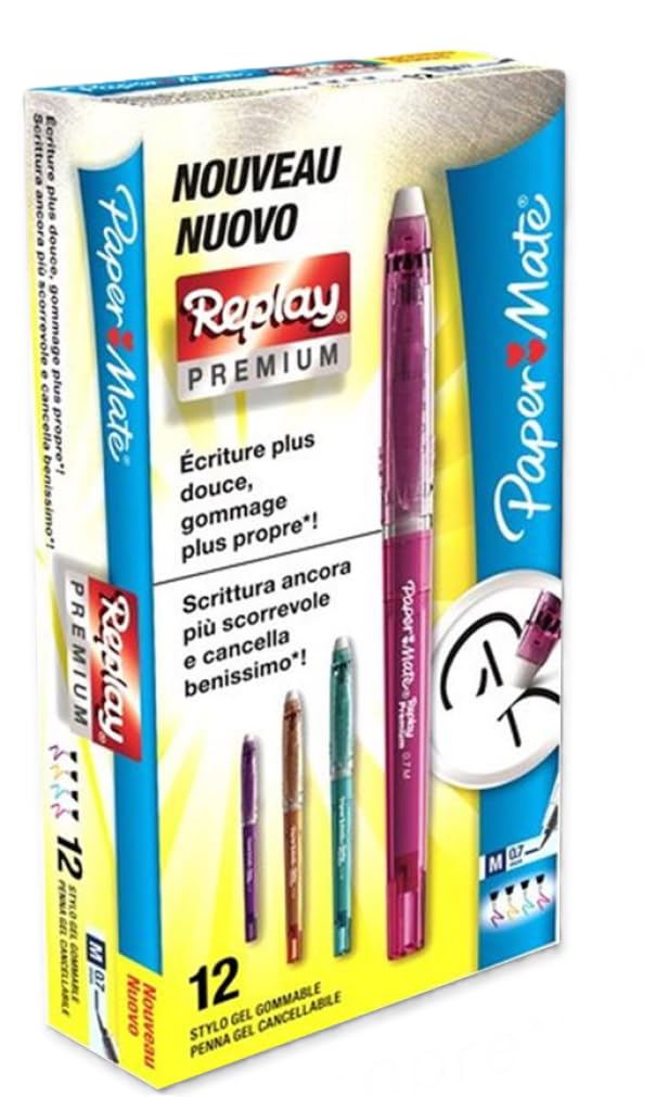 Paper Mate Replay Premium Erasable Gel Pen, Medium 0.7 mm Tip, Fun Assorted Colours, Pack of 12