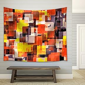 Orange Yellow and Black Square Painting Abstract Background - Fabric Wall Tapestry Home Decor - 51x60 inches