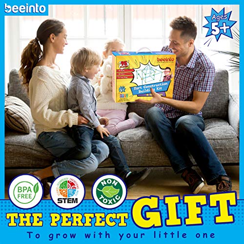 beeinto Kids Fort Construction Building Kit - 58 Poles, 32 Balls, 5 Toss Rings, Nylon Bag, Instructions - Outdoor STEM Toys for Boys, Indoor Play Tents Builder, Parent-Child Quality Time - Ages 5+