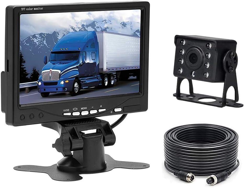 Camecho 12V - 24V Car Backup Camera + 7" TFT LCD Monitor + 15M Cable Wired Parking System Kit for Bus/Trailer/Truck Van/RV/Campers, Waterproof Night Vision Rear View Camera