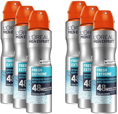 L'Oréal Men Expert - Desodorante en spray eficaz para hombre con efecto de enfriamiento integrado para hasta 48 horas de frescura, Fresh Extreme, 6 x 150 ml