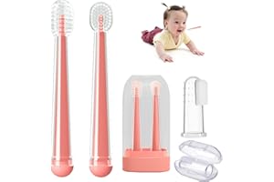 FOKiiBO Baby Silicone Toothbrush Set, Toothbrush + Tongue Brush + Toothbrush + Finger Toothbrush with Cup for Training Teething, 0-18M Infant Toddler Newborn Baby Toothbrush Teeth Brushes (Pink)