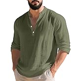 TAFLE Mens Linen Henley Shirts Casual Long Sleeve Hippie Yoga Tops Lightweight Summer Beach T-Shirt