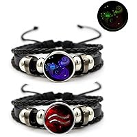 2Pcs Multilayer Constellation Zodiac Leather Bracelet Vintage Black Leather Bracelet Adjustable Handmade Woven Bracelet Birth