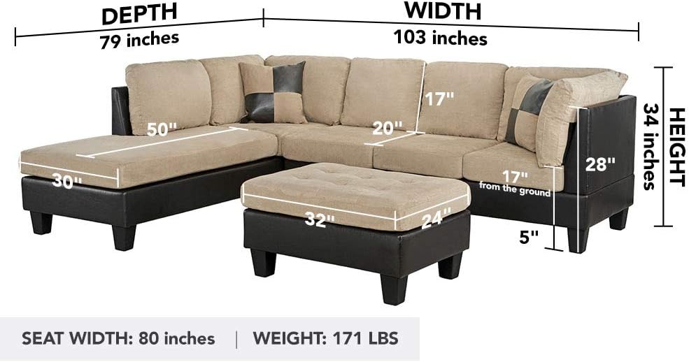 Casa Andrea Modern 3-Piece Microfiber and Faux Leather Sofa and Ottoman Set, 102" W (Beige): Furniture & Decor