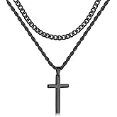 Fiusem Valentines Gifts for Him - 2 Pcs Cross Necklace Chain for Men and Women, Layered Mens Cross Necklaces Stainless Steel Pendant Cuban Link Rope Chain 16-26 Inch, Jewelry Gift
