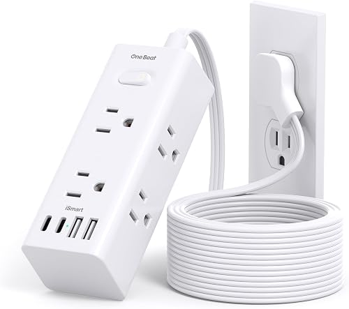 10FT Extension Cord Indoor, Power Bars with Surge Protector, Flat Plug Long Cord 6 Outlet 4 USB Ports (2 USB C) for Home, College, Dorm Room Essentials