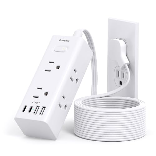10FT Extension Cord Indoor, Power Bars with Surge Protector, Flat Plug Long Cord 6 Outlet 4 USB Ports (2 USB C) for Home, College, Dorm Room Essentials