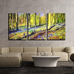 3 Piece Canvas Wall Art - Spring Forest Covered with Bluebells and Anemones Flowers - Modern Home Art Stretched and Framed Ready to Hang - 16"x24"x3 Panels