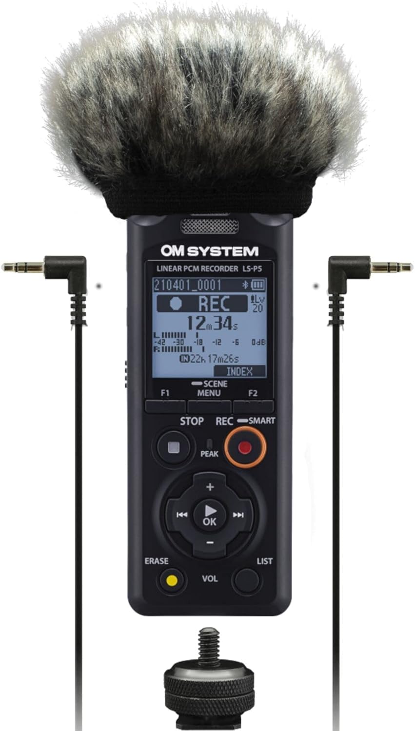 OM SYSTEM LS-P5 Videographer Kit, Hi-Res Audio Recorder incl. Windscreen, Hot Shoe Adapter, 3.5 mm Audio Cable, widespread Directional Control, 16 GB memory, 37h runtime
