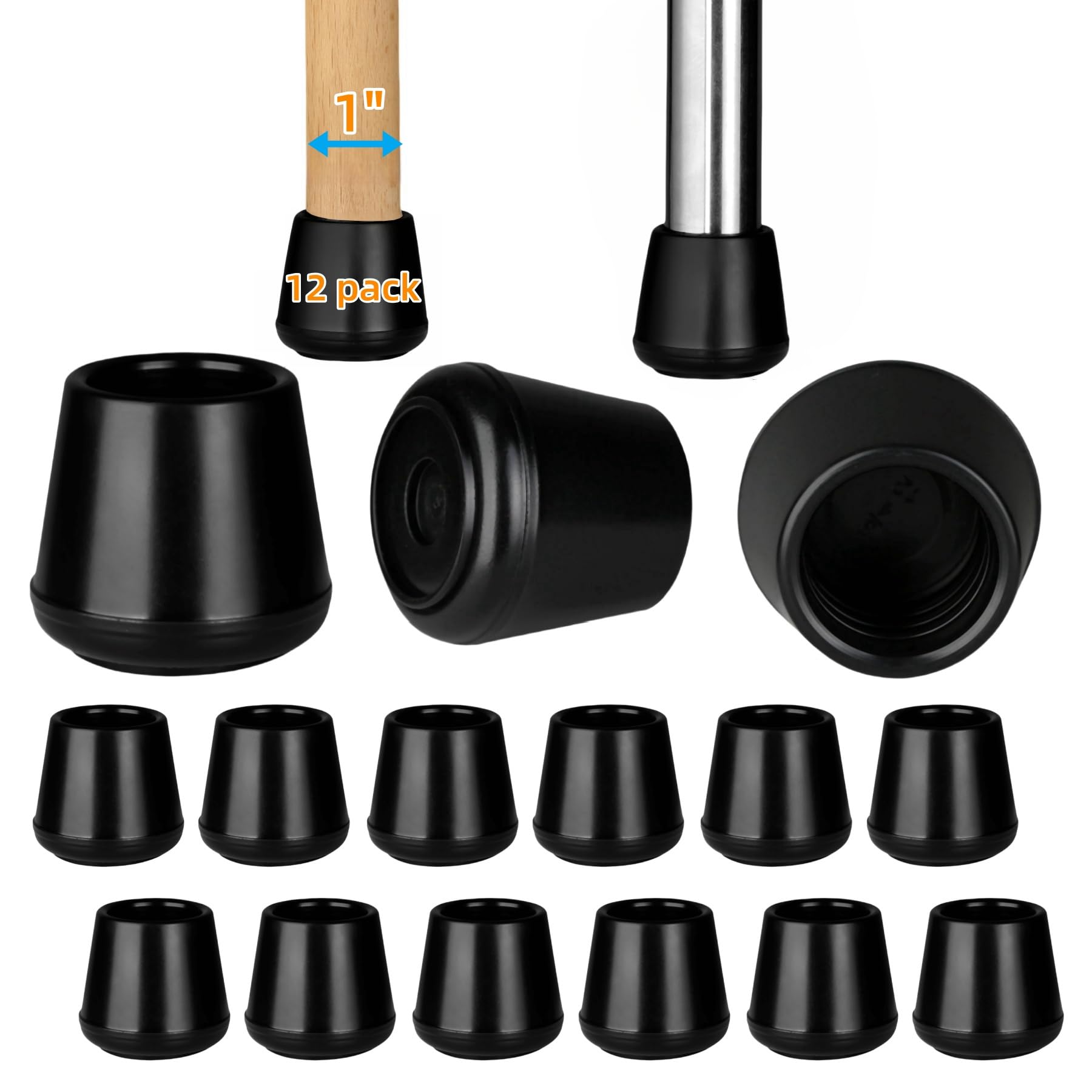 Photo 1 of 1" Rubber Chair Leg Tips Caps, Chair Leg Floor Protectors Rubber Feet Covers Non Slip Reduce Noise for Furniture Stool Chair Legs Caps Folding Metal Replacement, Round Black 12 Pack