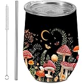 Mushroom Gifts Wine Tumbler With Lid and Straw, 12 OZ Stainless Steel Tumbler, Butterfly Favors Insulated Coffee Cup, Travel Mug Weekend Gifts for Friendship Vacation Bachelorette Party, Black