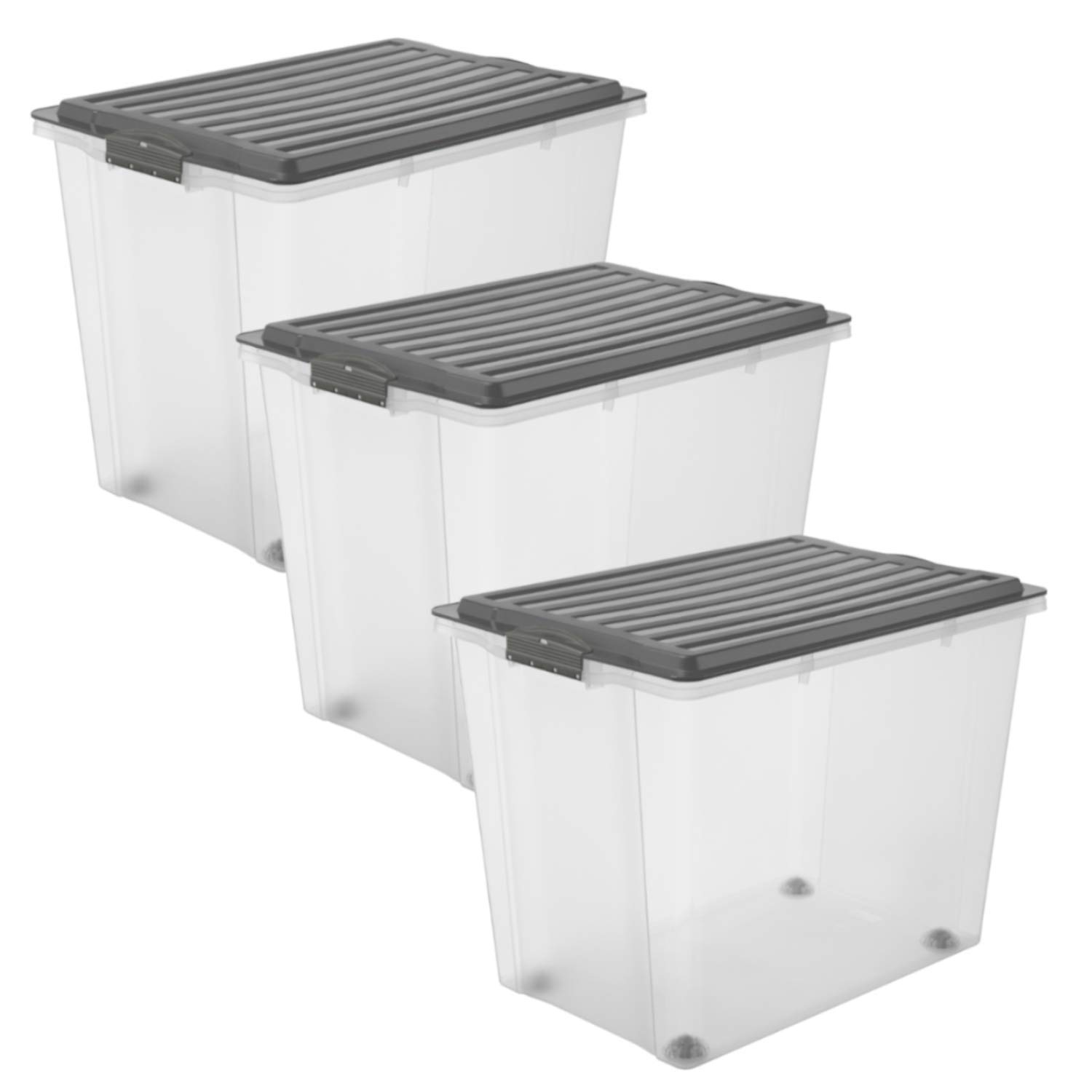 Rotho Compact Set of 3 Storage Boxes with Lid and Castors 70 Litre, Plastic (PP) BPA-free, Anthracite/Transparent, 3 x 70 Litre (57.0 x 39.5 x 43.5 cm)