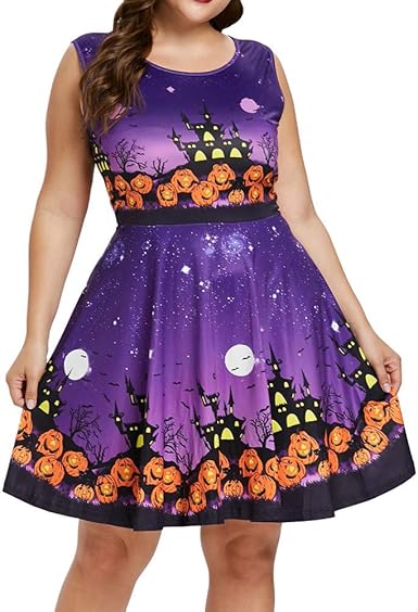 Kiyomiqaq Robe Femme Sans Manches Grande Taille Pas Cher Robe De Cocktail Robe De Bal Robe Plissee Robe Longue Robe De Soiree Robe Ceremonie Robe Vintage Col Rond Au Genou Halloween Imprime