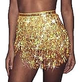 Caiguoer Sequin Tassel Skirt Fringe Hip Scarf Belly Dance Rave Outfit for Women and Girls (Yellow)