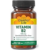 Country Life Vitamin B2 100mg Riboflavin Supplement – Boosts Energy Production & Supports Cell Function, Gluten-Free, Vegan, Kosher, Halal – no preservatives, GMO or Artificial Flavors, 100 Count