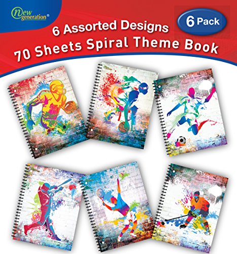 New Generation - Sport Graffiti - 1 Subject 70 Sheets 8" x 10.5" wirebound Spiral Notebook , 6 PACK ,WIDE Ruled , Interactive 3D Animation - SEE THE MAGIC (6 PACK SPIRAL NOTEBOOK WIDE RULED)