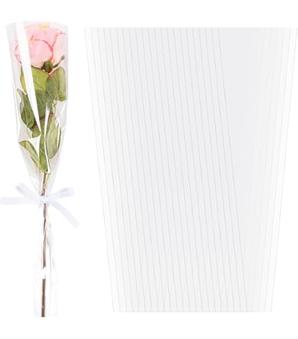 100 Pack Single Rose Sleeves With Ribbon - Waterproof Flower Wrapping Bags For Wedding, Birthday