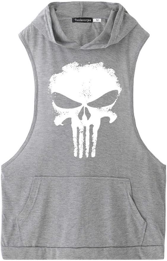 KJHSDNN Mens Workout Skull Print Sleeveless Hooded Tank Tops Gym Hoodies Cool and Muscle Cut M-2XL