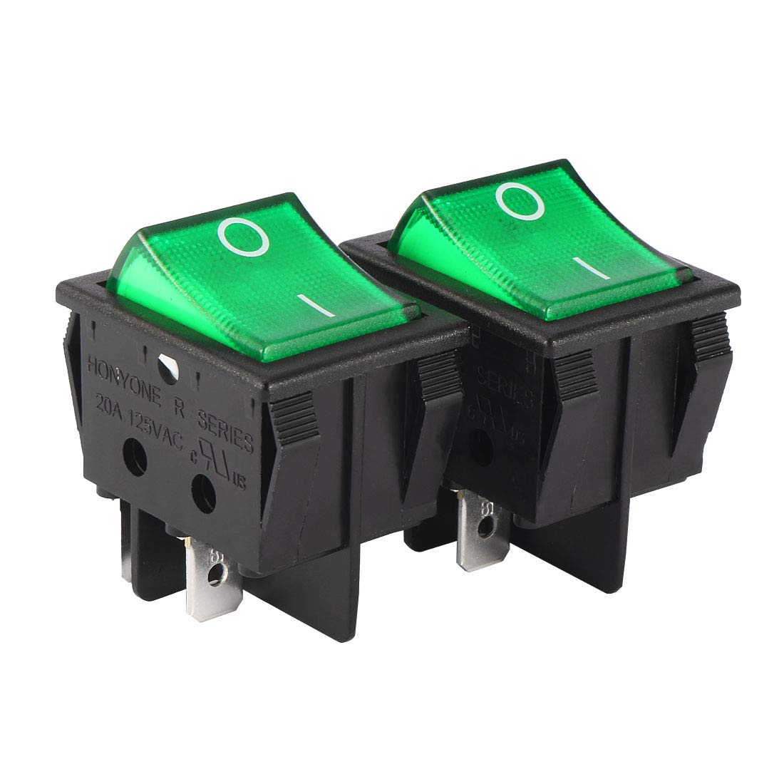 Sourcingmap 2Pcs DPST On Off 4Pin ON/Off Green LED Light Boat Lights Rocker Switch Push Button Switch AC 20A/125V 22A/250V