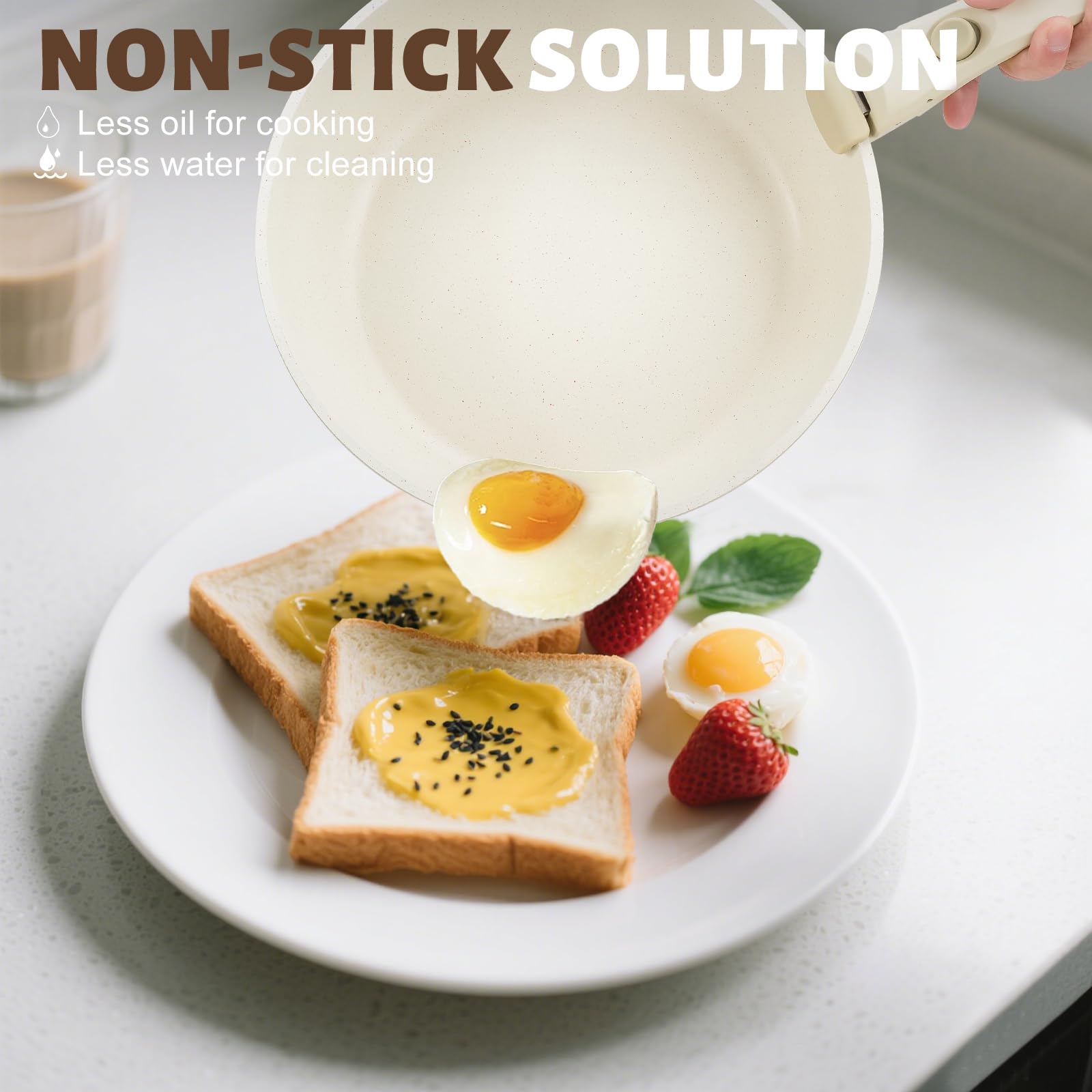 Numola 10 pcs Pots and Pan Set Non Stick with Detachable Handle, Ceramic Cookware Set for Stackable, Induction Kitchen Cookware Set for RV, Dishwasher ＆ Oven Safe, Cream White